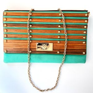 Stylish Green and Brown Clutch with Gold Chain
